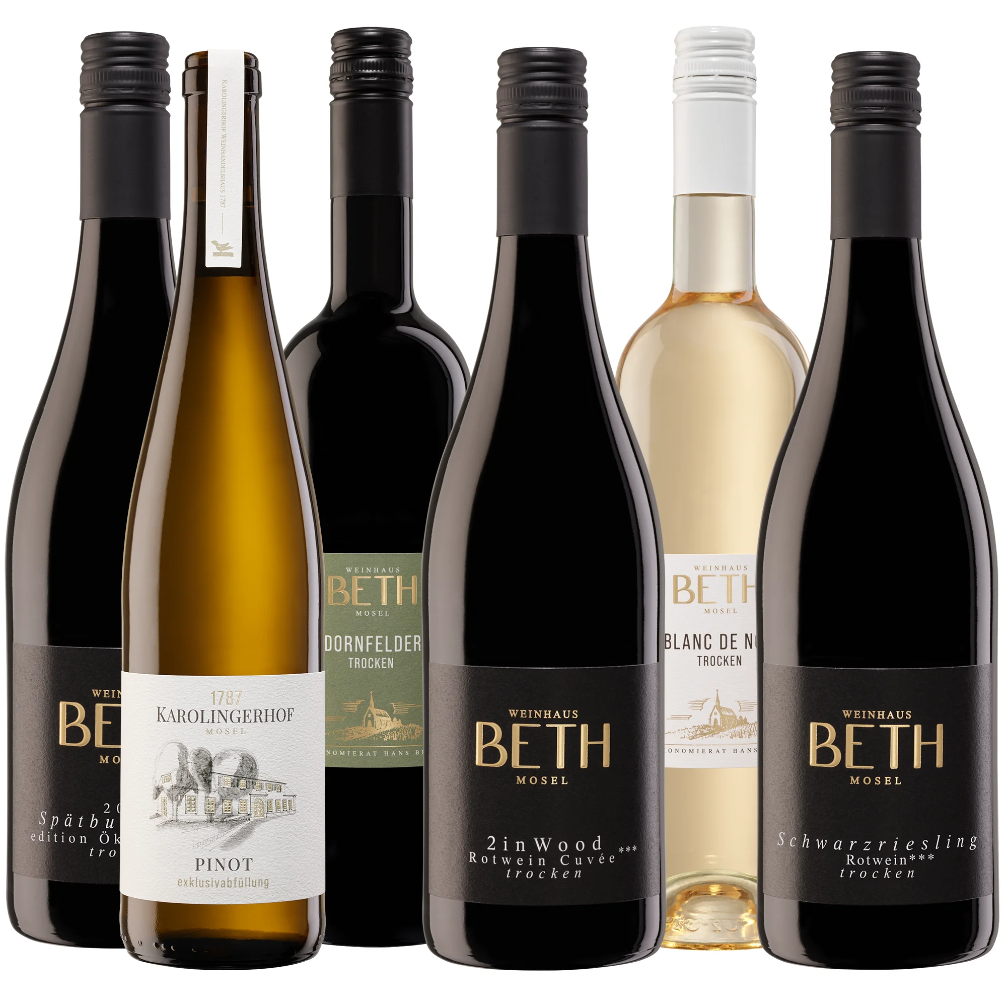 Fünf Flaschen guter Moselrotwein von Schwarzriesling über Dornfelder und Spätburgunder sowie ein Blanc de Noir aus dem Weinhaus Beth