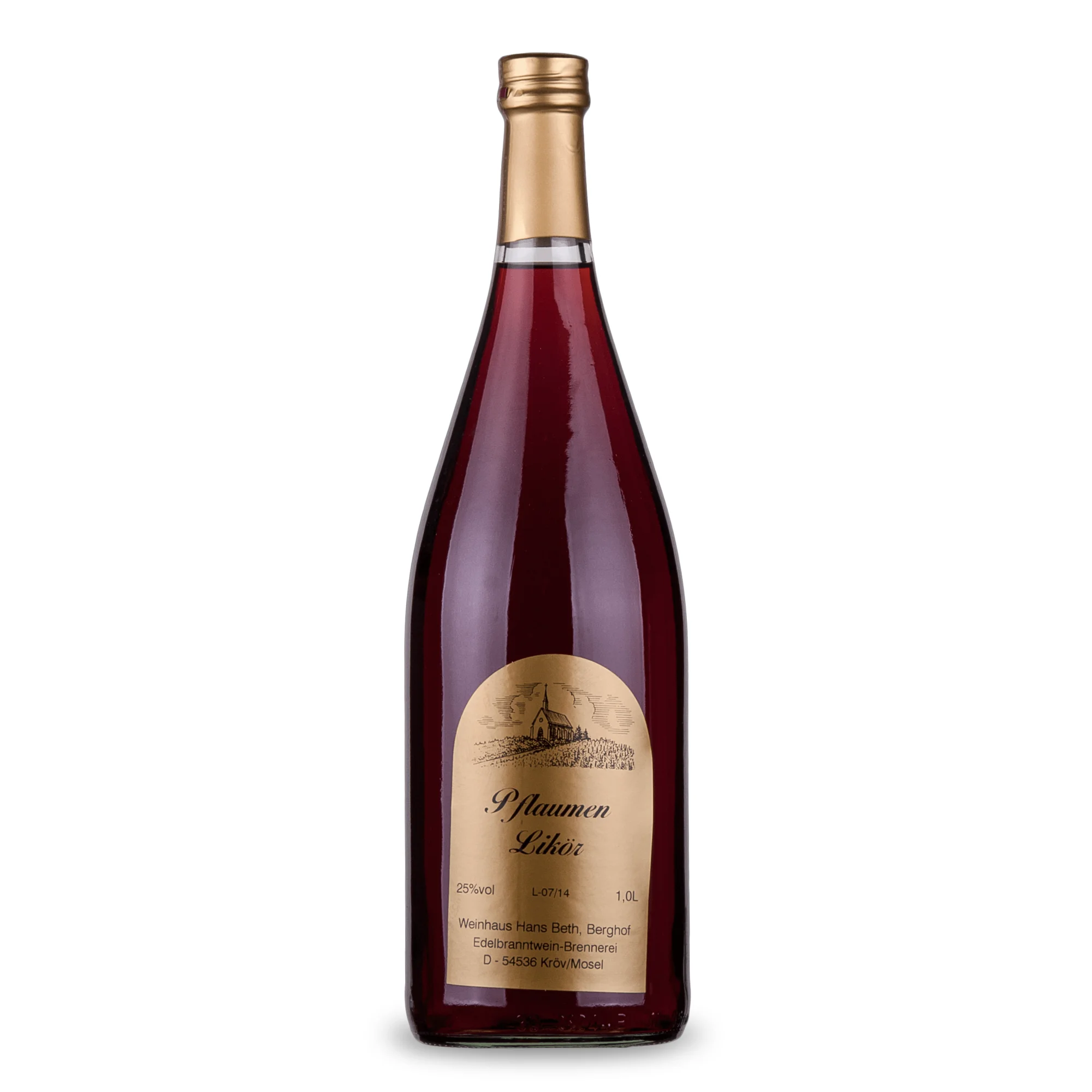 Pflaumen-Likör, süß-fruchtiger und vollmundiger Premium-Likör aus reifen Pflaumen vom Weinhaus Beth aus Kröv an der Mosel – Ansicht der 1-Liter-Flasche