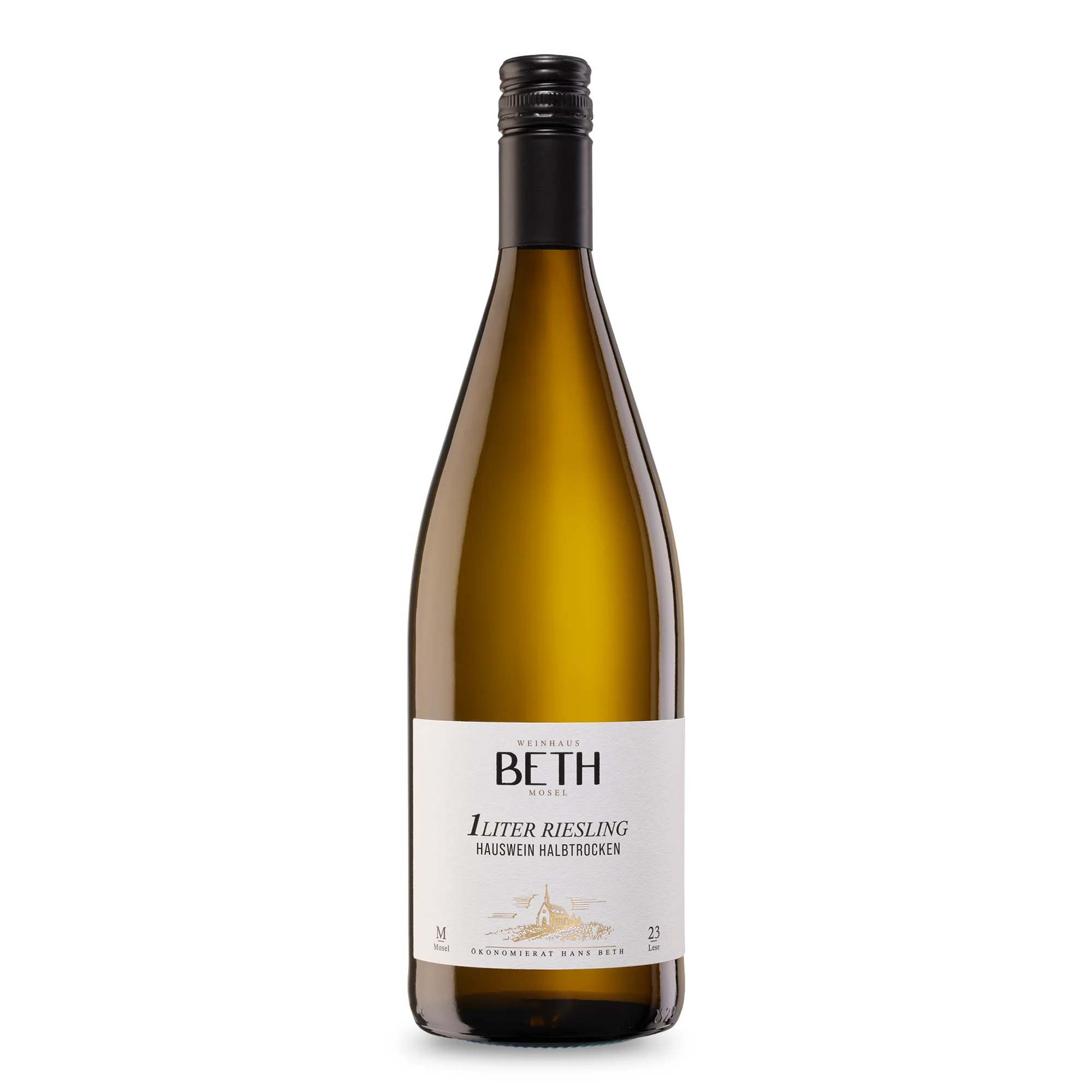 Riesling Hauswein halbtrocken, unkomplizierter und süffiger Weißwein in der 1-Liter-Flasche von Weinhaus Beth aus Kröv an der Mosel
