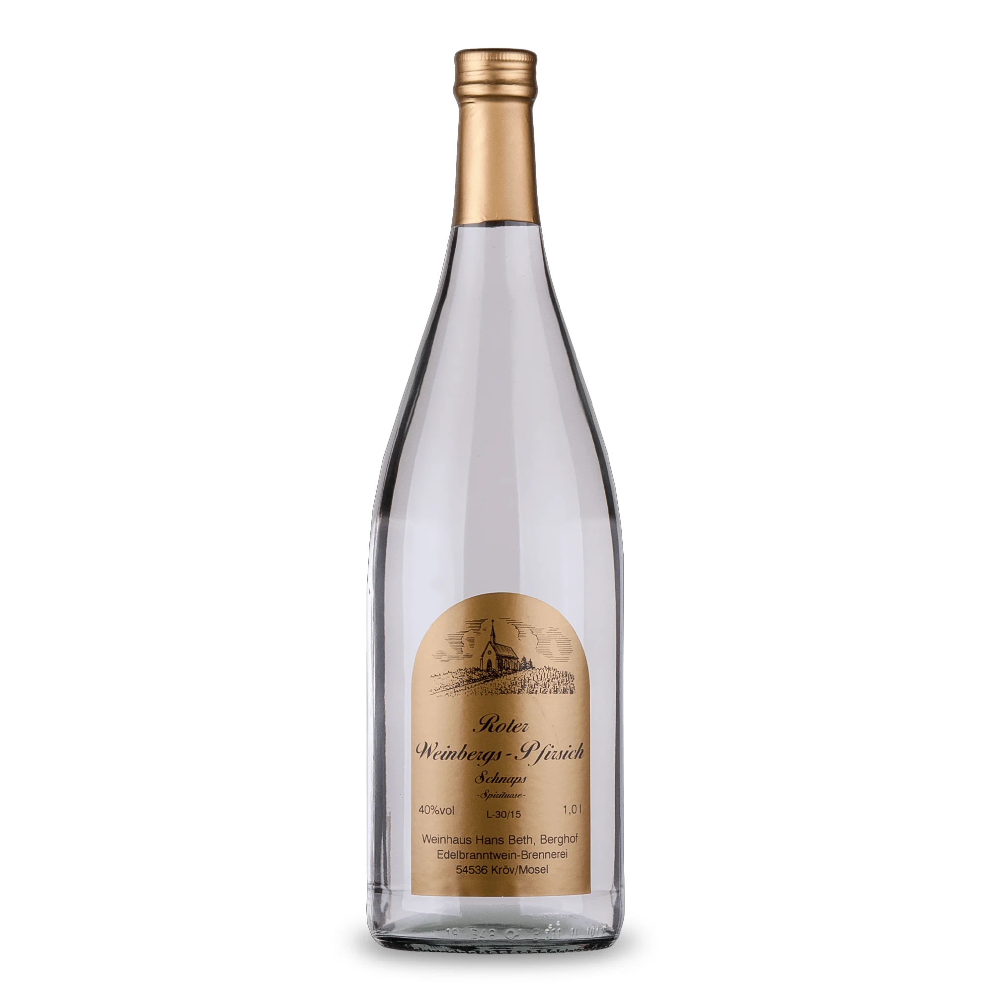 Roter Weinbergpfirsich-Spirituose, fruchtig-intensive und traditionelle Mosel-Spezialität in der Literflasche vom Weinhaus Beth aus Kröv an der Mosel