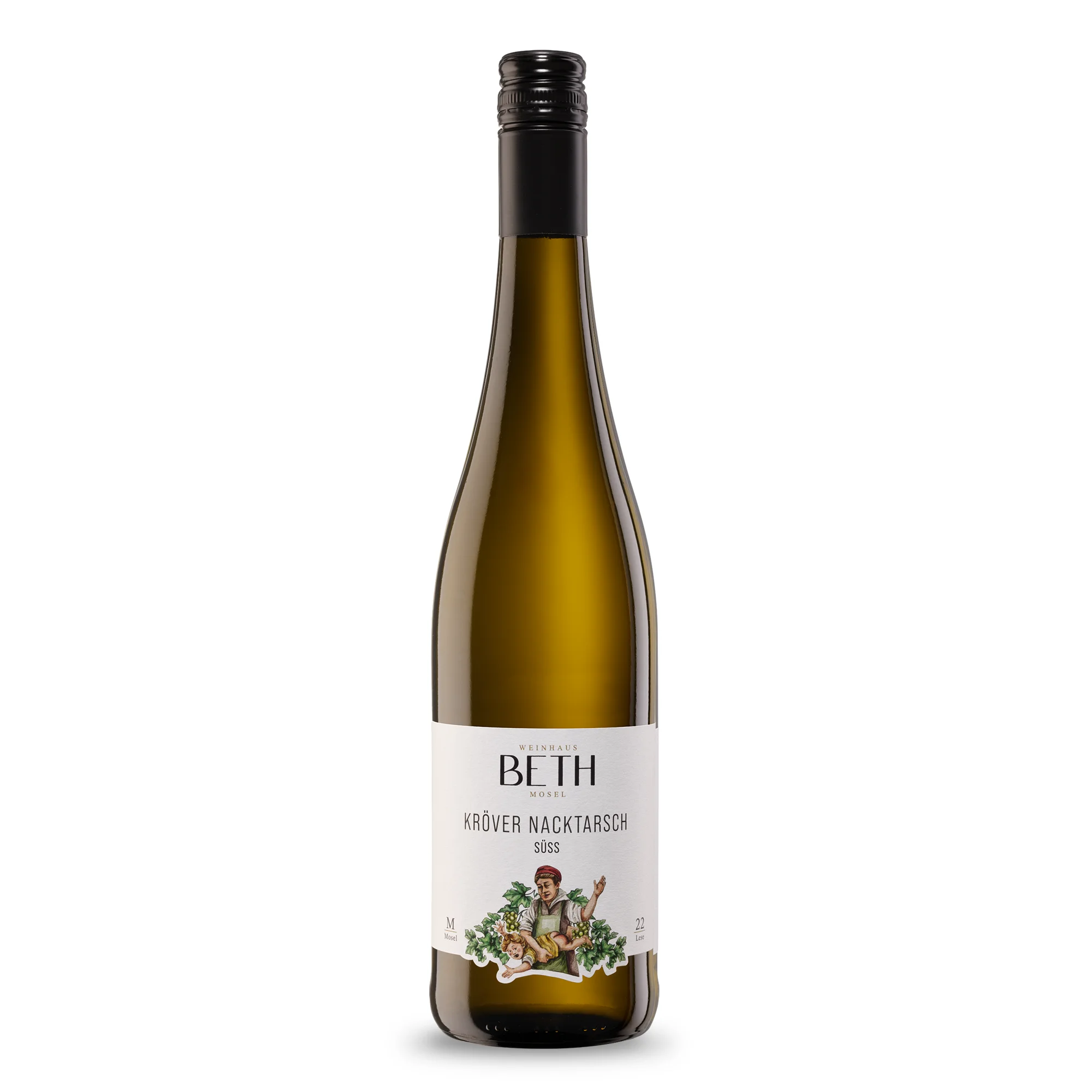 Flasche Kröver Nacktarsch süß vom Weinhaus Beth aus Kröv an der Mosel mit illustriertem Etikett zur Geschichte des Kröver Nacktarschs