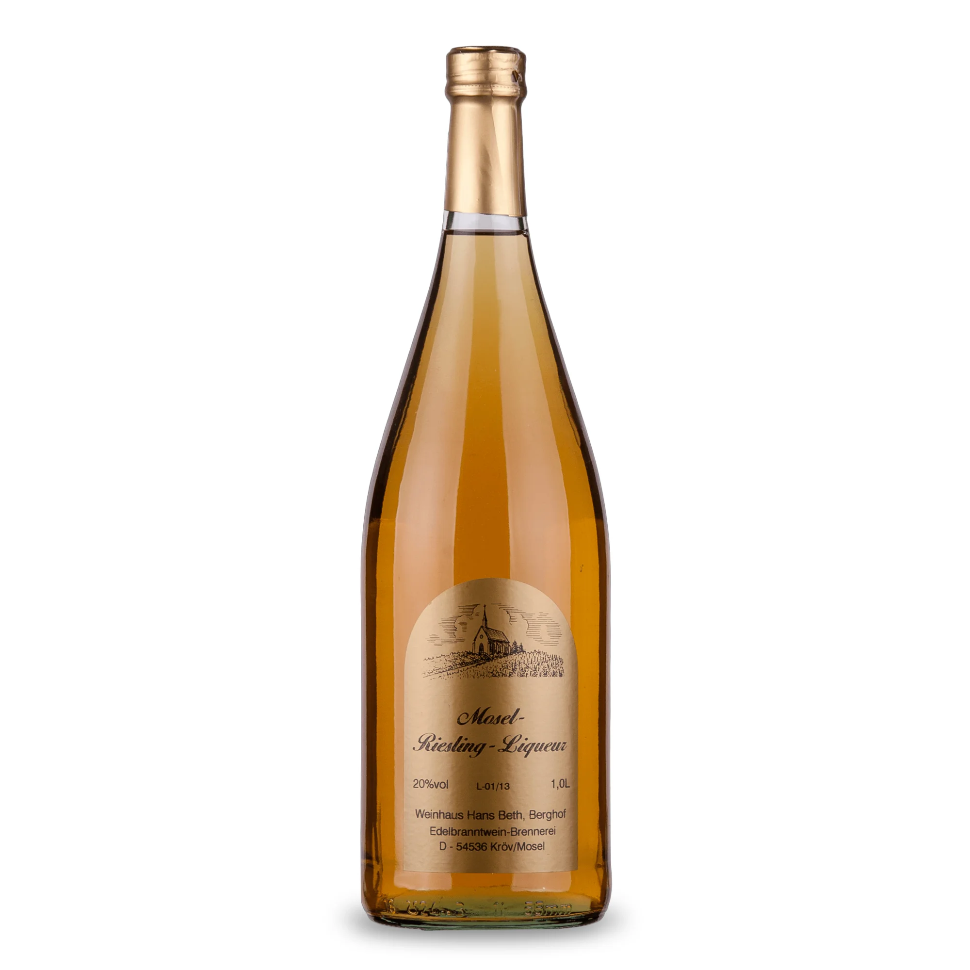 Weißer Wein-Likör, eleganter und fruchtig-süßer Premium-Weinlikör vom Weinhaus Beth aus Kröv an der Mosel - Ansicht der 1-Liter-Flasche.