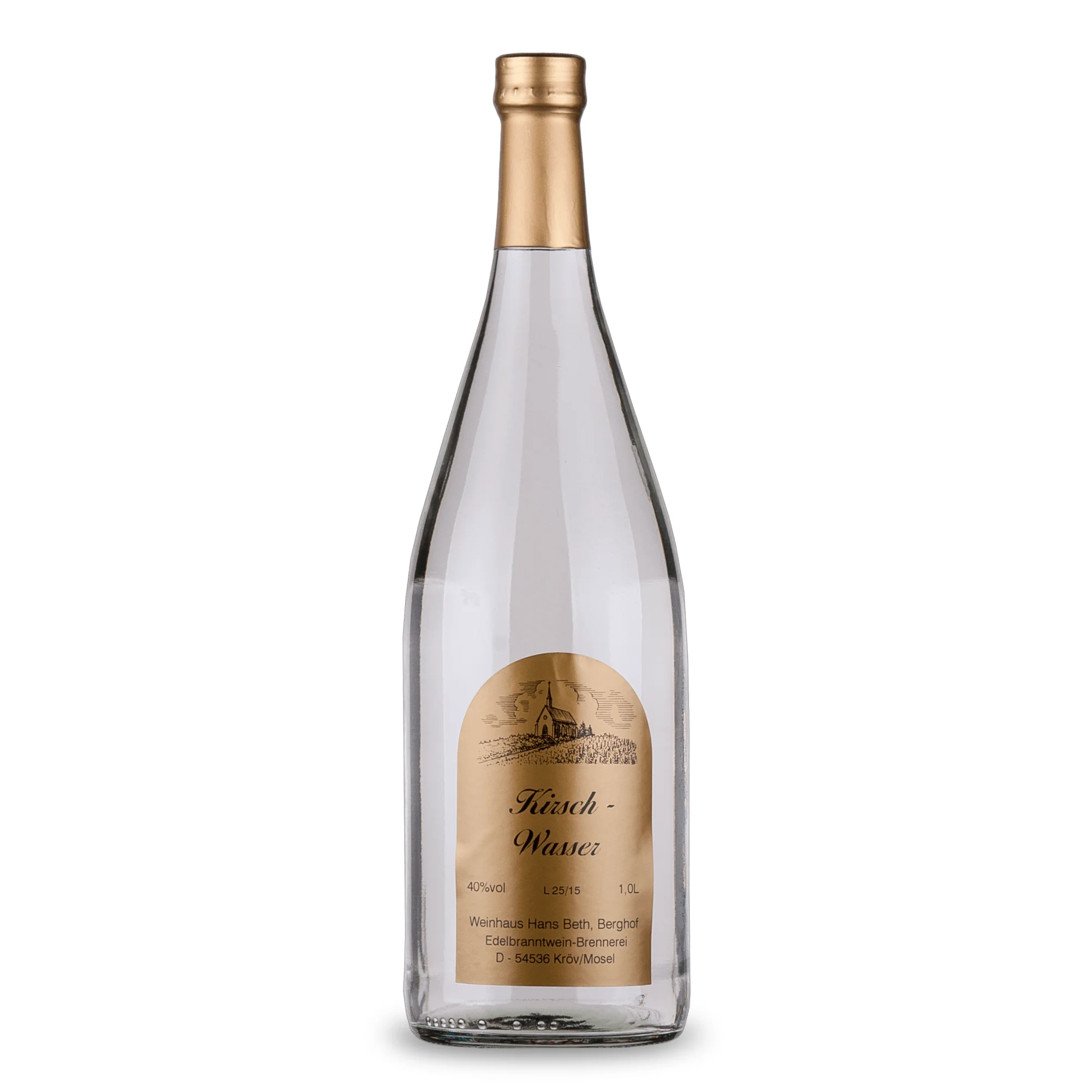 Kirsch-Wasser, klassischer und intensiv-fruchtiger Obstbrand aus sonnengereiften Kirschen in der Literflasche von Weinhaus Beth aus Kröv an der Mosel