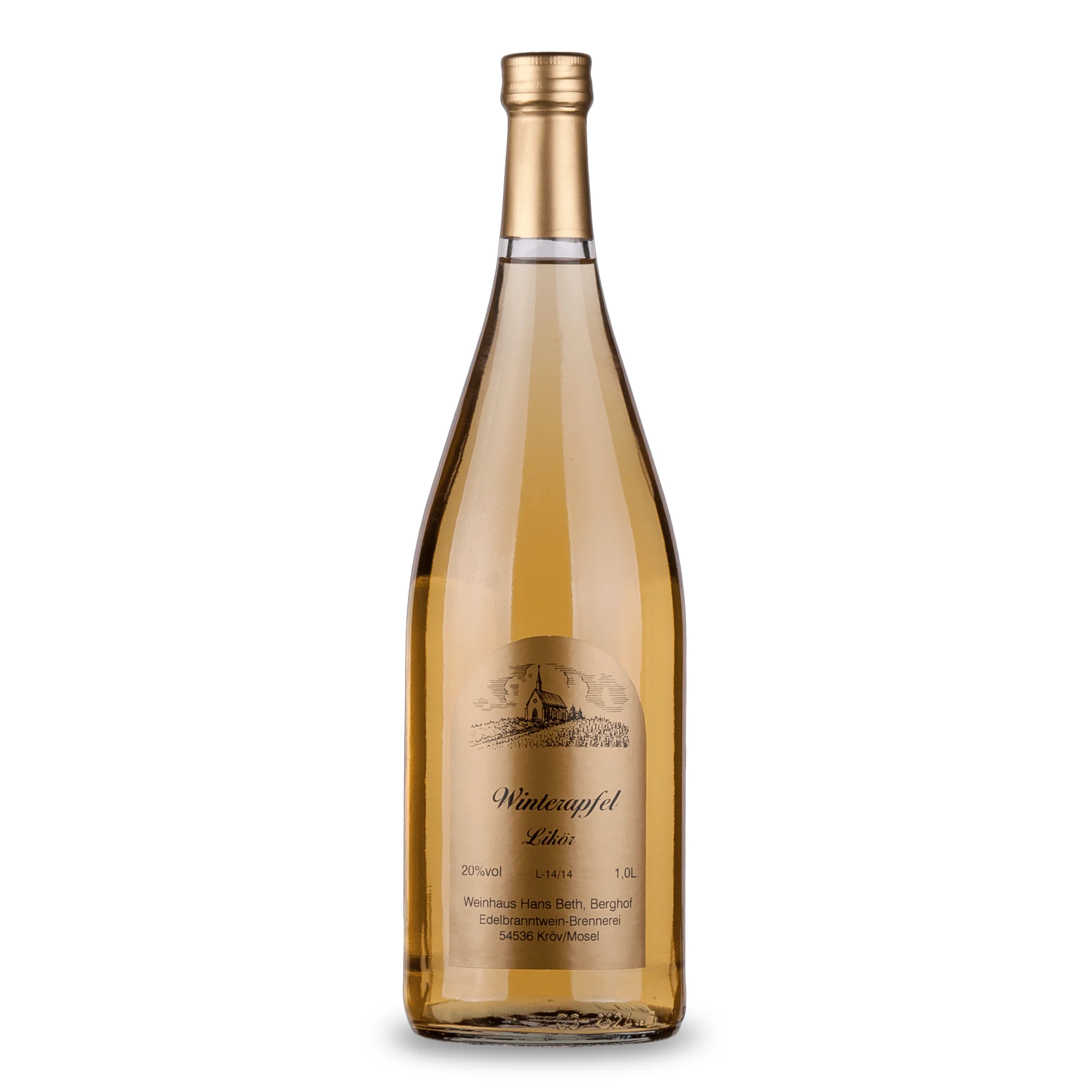 Winterapfel-Likör von der Mosel, gemütlicher und weihnachtlicher Genuss vom Weinhaus Beth aus Kröv an der Mosel - Ansicht der 1-Liter-Flasche.