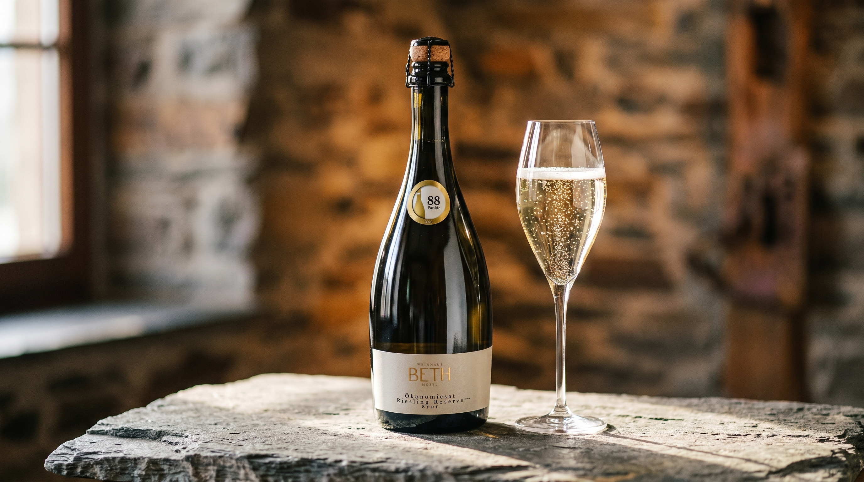 Flasche Sekt auf einem Stein imt einem Glas Sekt daneben