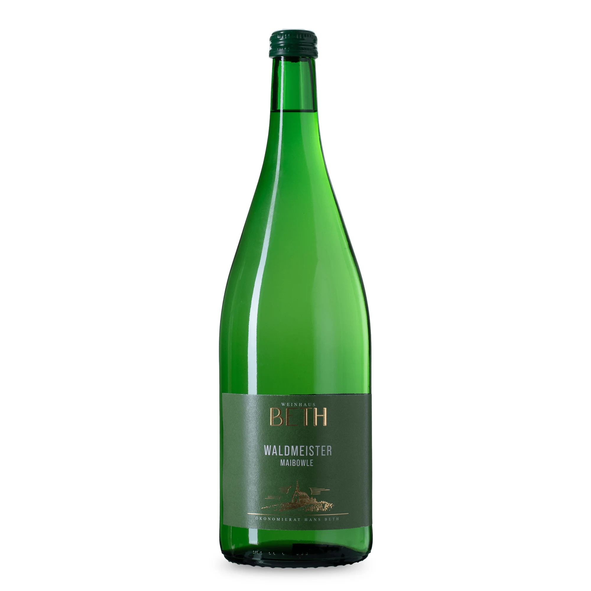Waldmeisterbowle (Maibowle), erfrischendes und leuchtend grünes Frühlingsgetränk in der Literflasche von Weinhaus Beth aus Kröv an der Mosel