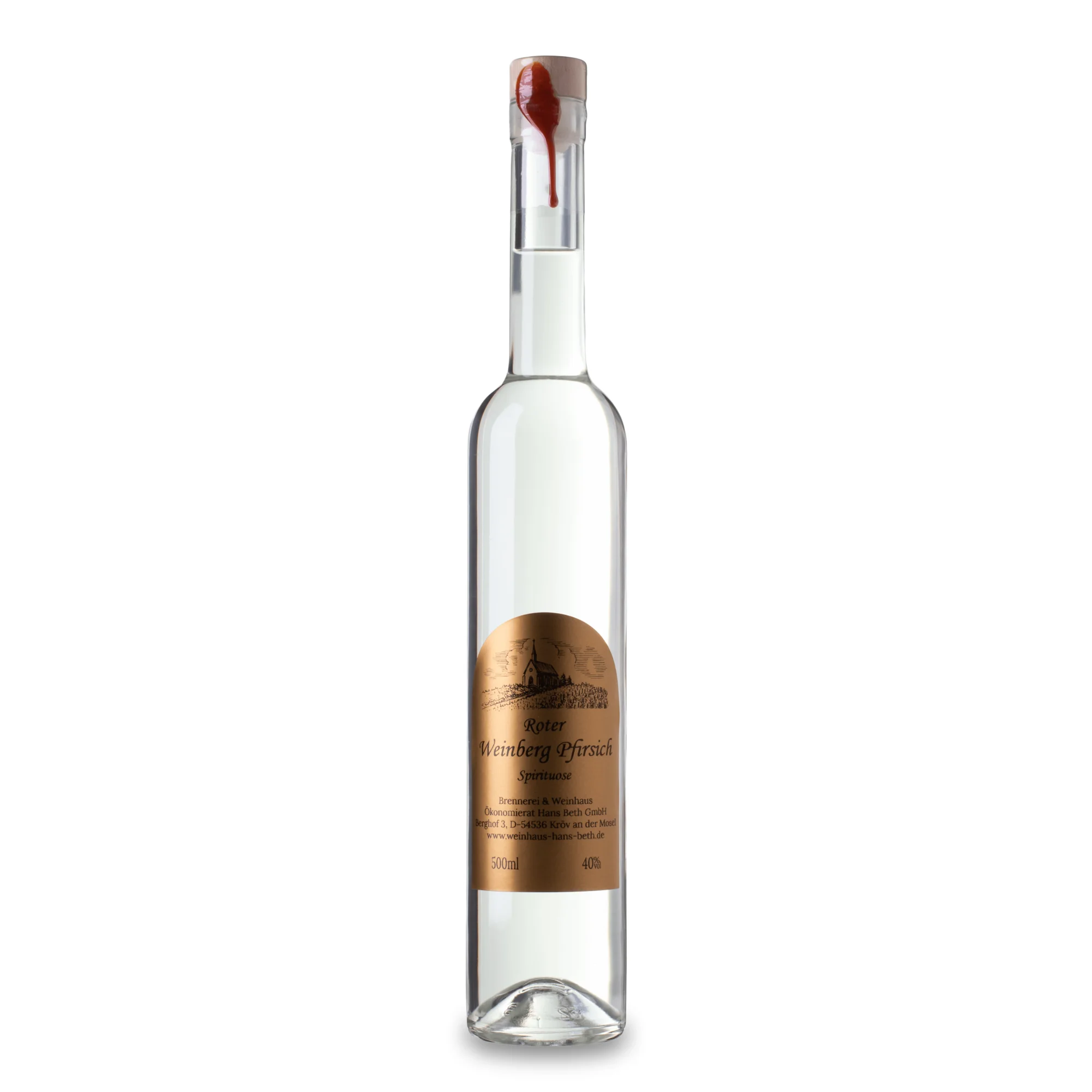 Roter Weinbergpfirsich-Spirituose, fruchtig-intensive und traditionelle Mosel-Spezialität von Weinhaus Beth aus Kröv an der Mosel - Ansicht der 0,5L Flasche.