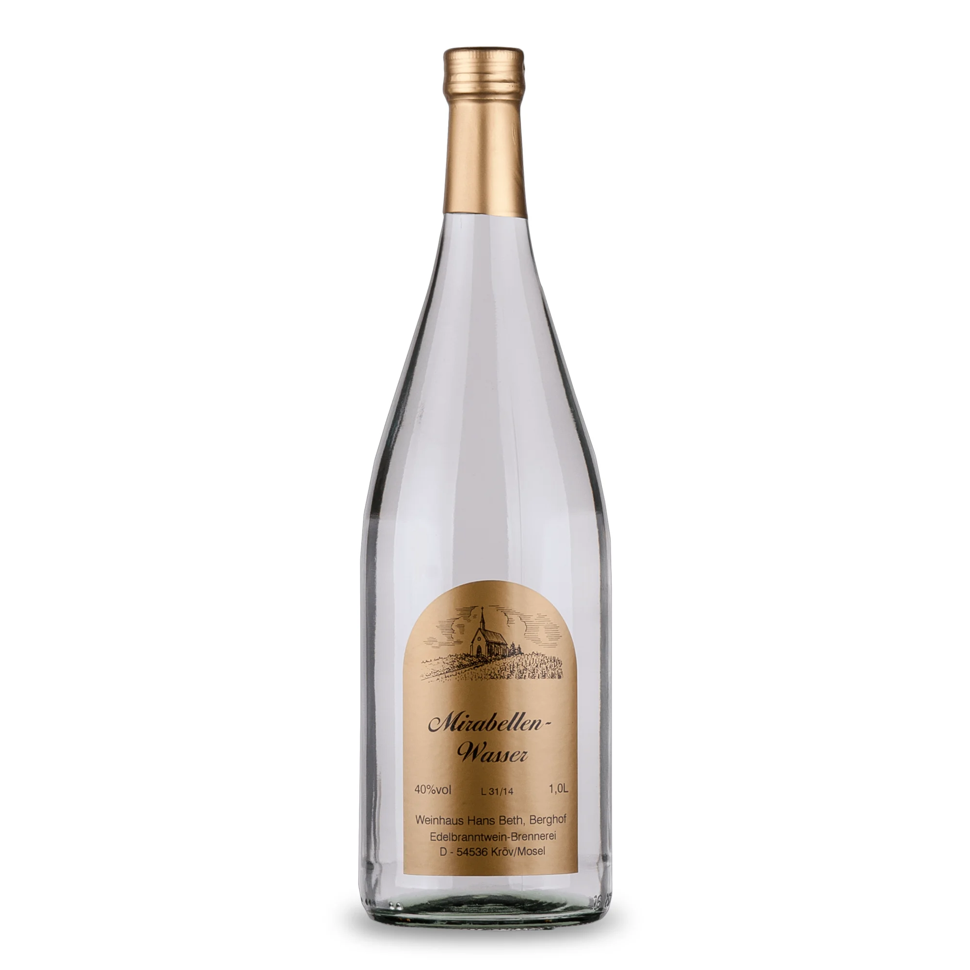 Mirabellen-Wasser, feinfruchtiger und traditioneller Obstbrand in der Literflasche von Weinhaus Beth aus Kröv an der Mosel