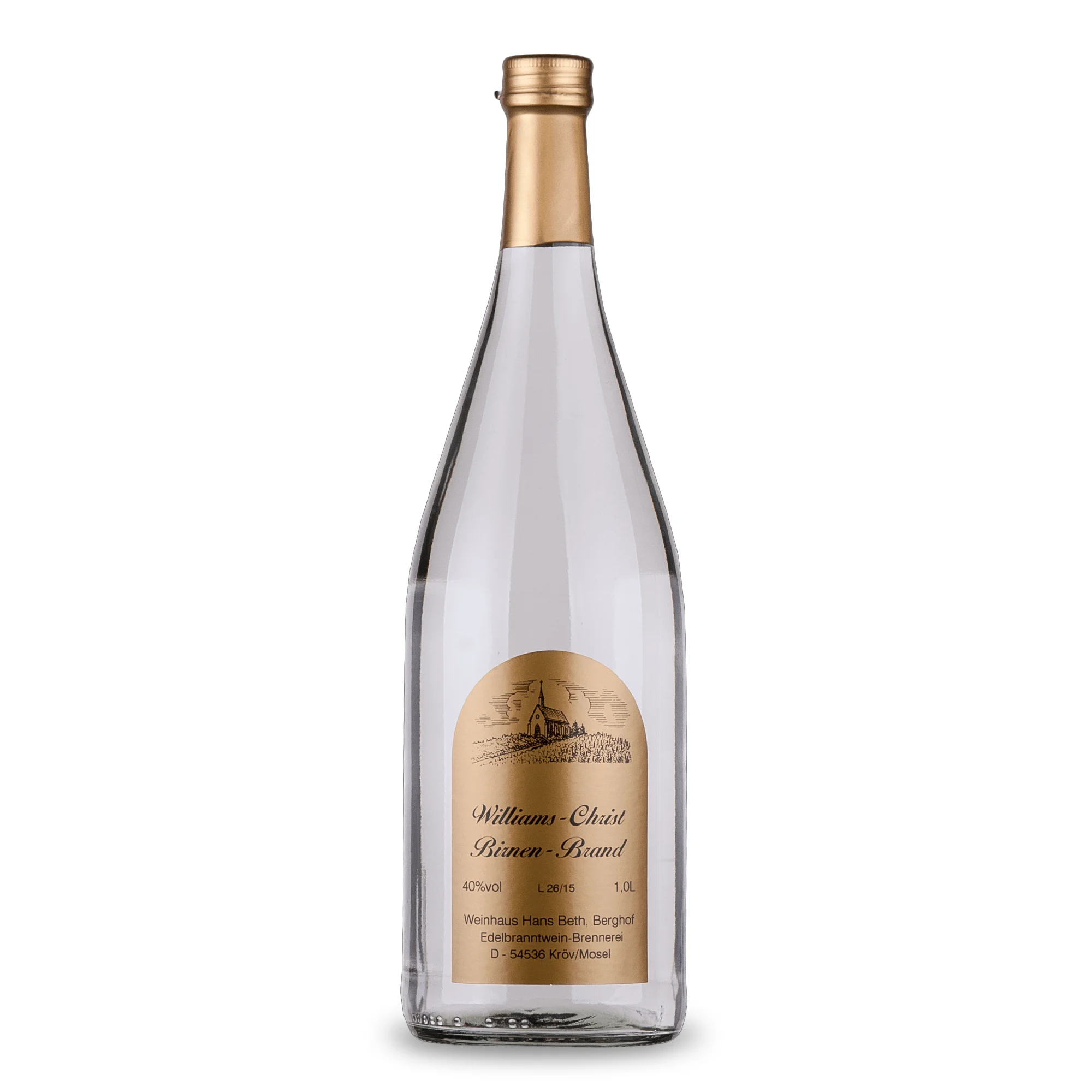Williams-Christ Birnen Brand, fruchtig-edler und klassischer Obstbrand  in der Literflasche vom Weinhaus Beth aus Kröv an der Mosel