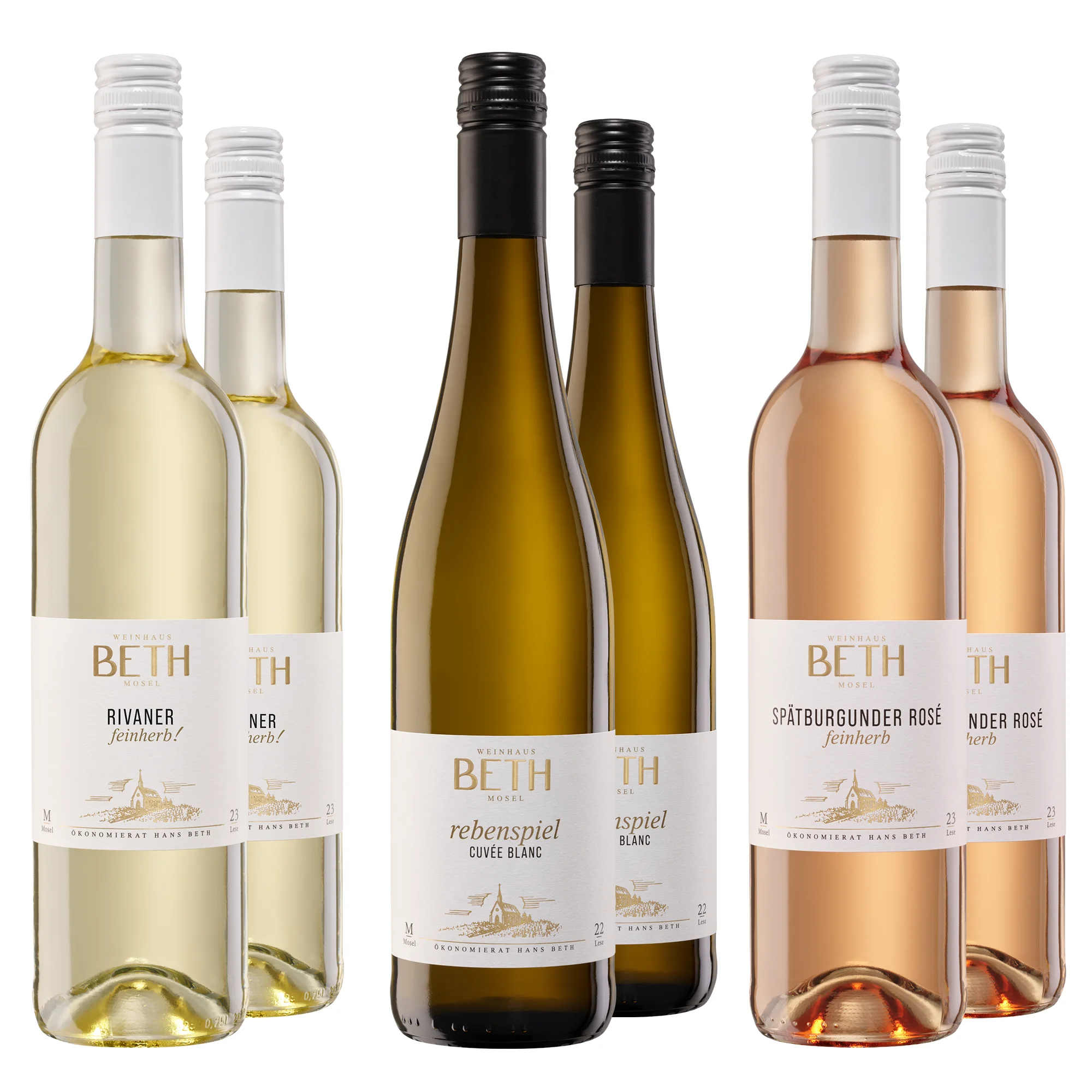 6 Flaschen aus dem Sommerweinpaket halbtrocken feinherb mit Rivaner, der Cuvée Rebenspiel und Spätburgunder Rosé feinherb