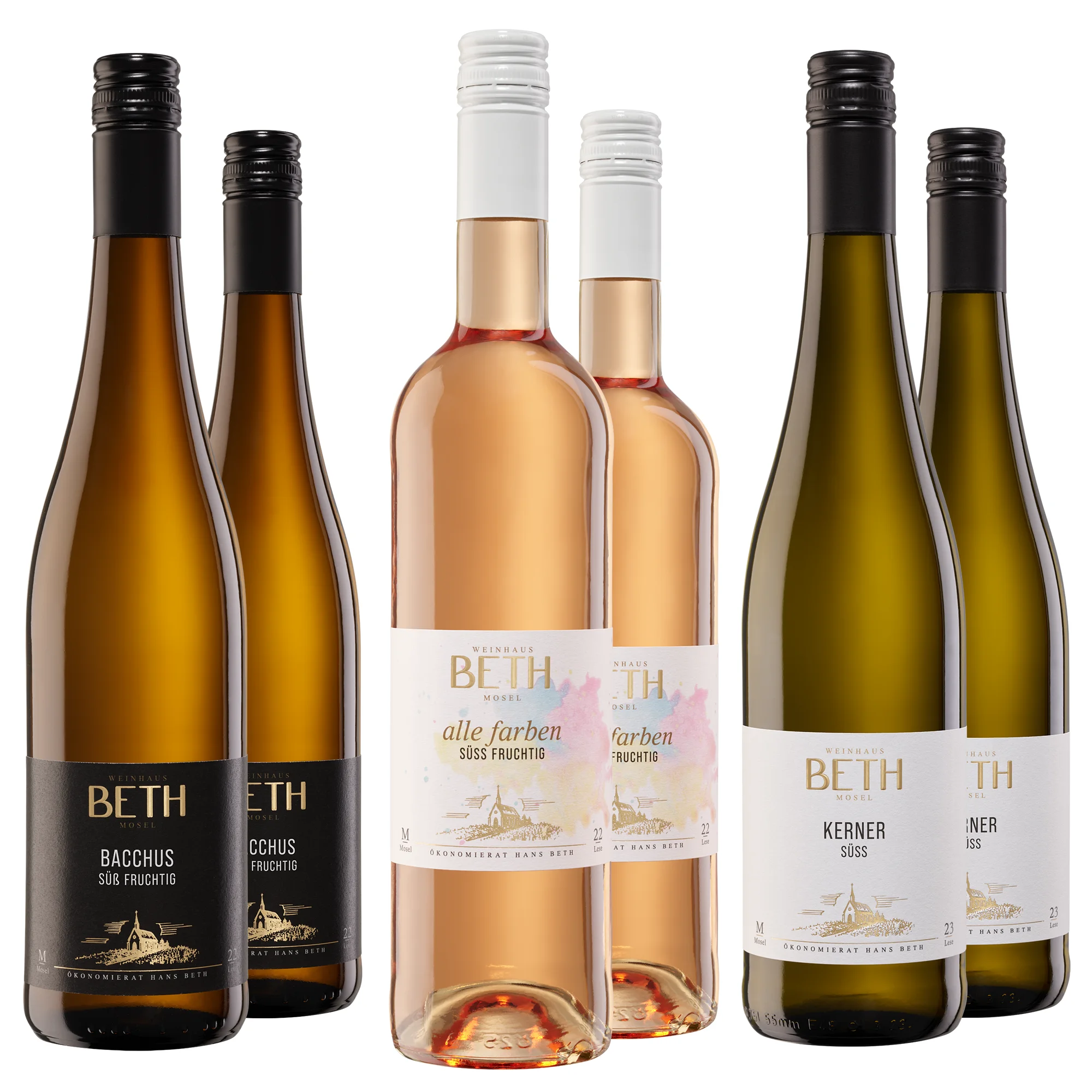 6 Flaschen aus dem Sommerweinpaket lieblich trocken mit Bacchus, Kerner und dem Alle Farben Rotling