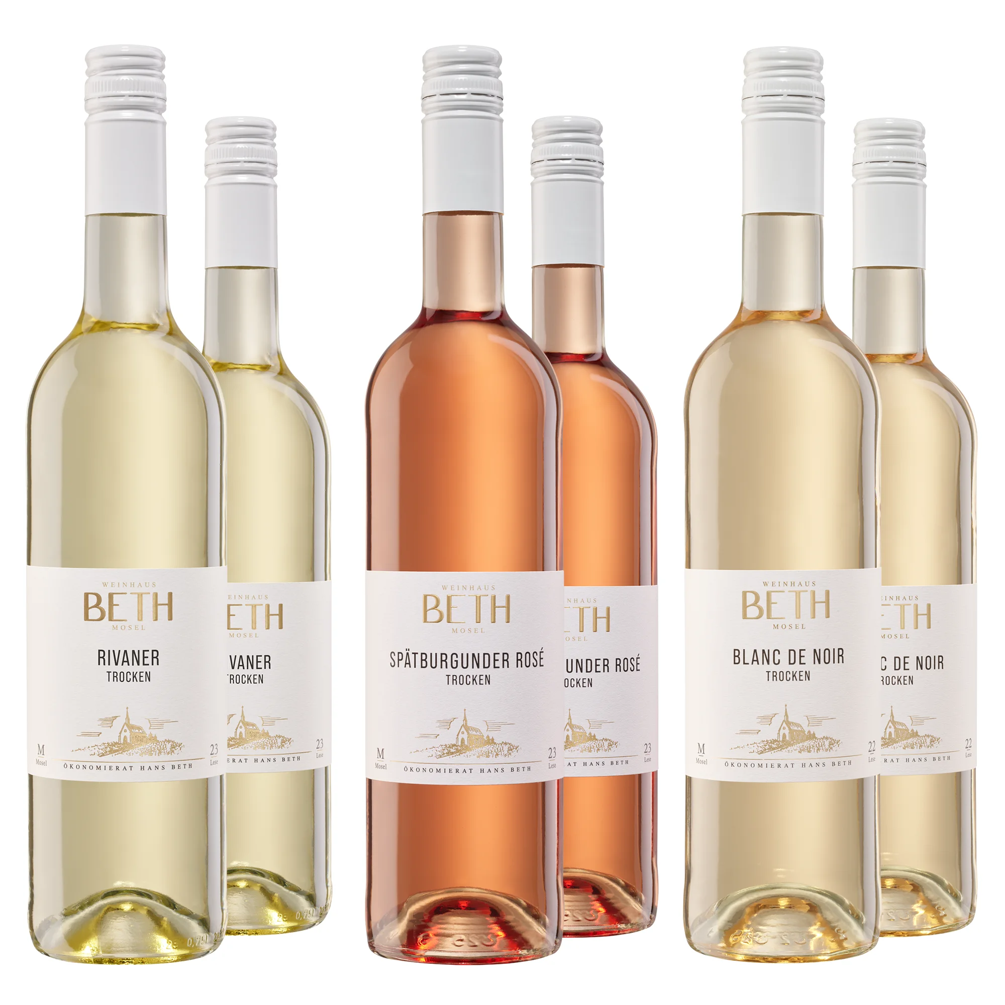 6 Flaschen aus dem Sommerweinpaket trocken mit Rivaner, Spätburgunder Rosé und Blanc de Noir Rosé