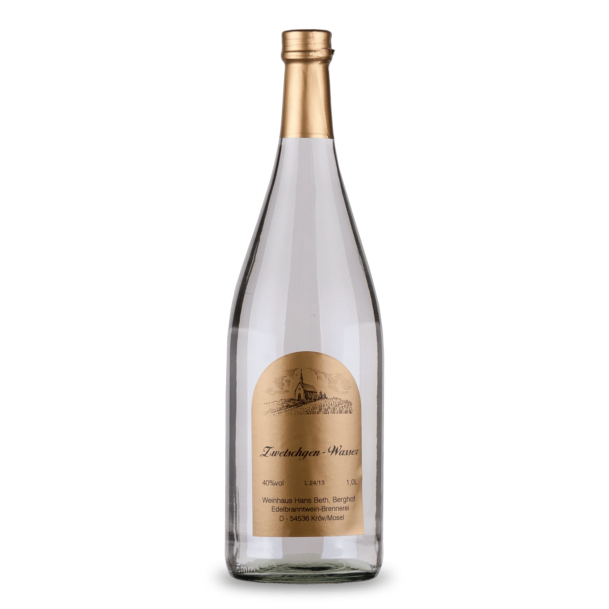 Zwetschgen-Wasser, ausdrucksstarker und fruchtiger Obstbrand aus dunklen Zwetschgen in der Literflasche von Weinhaus Beth aus Kröv an der Mosel