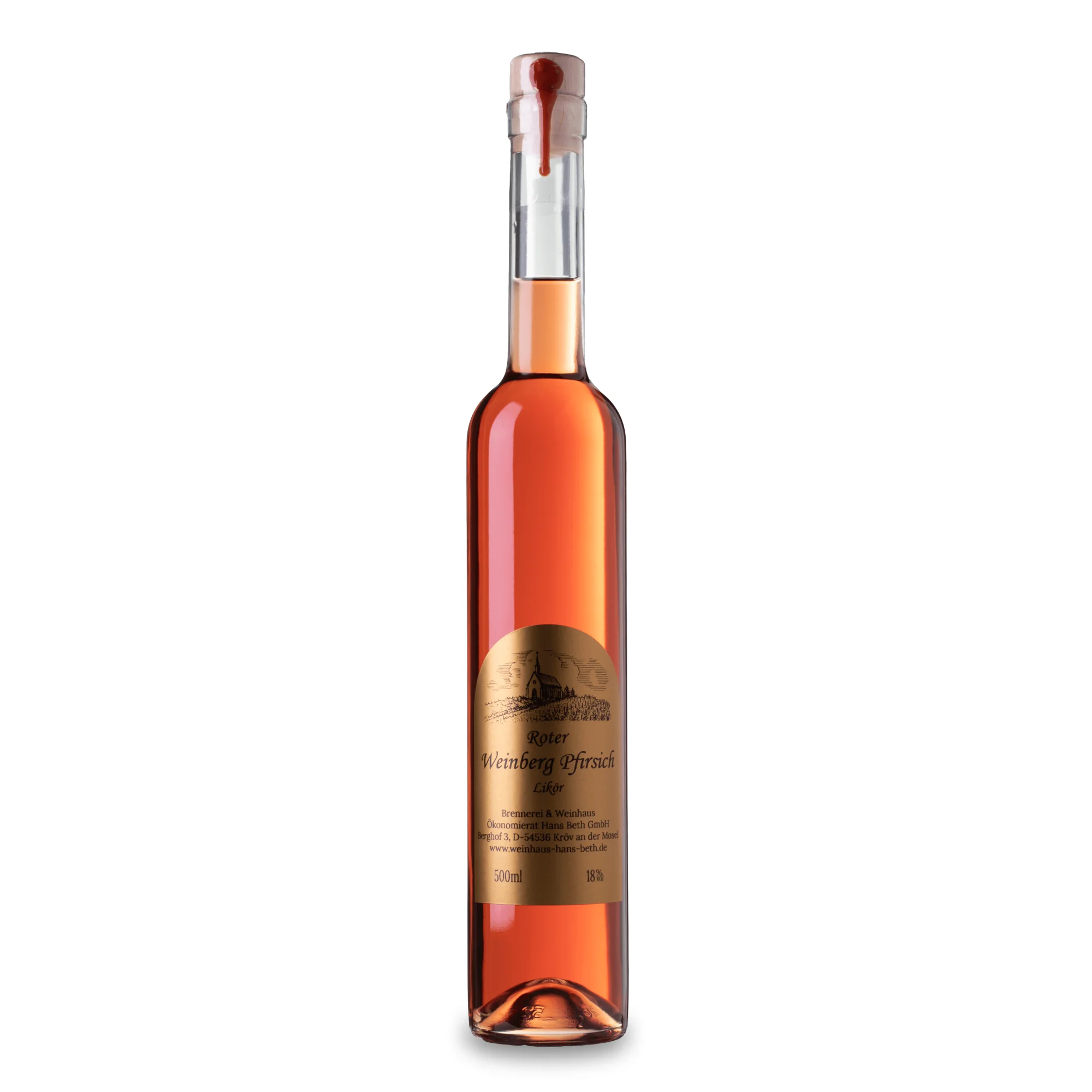 Roter Weinbergpfirsich-Likör, süßer und intensiv-fruchtiger Premium-Likör vom Weinhaus Beth aus Kröv an der Mosel – Ansicht der 0,5-Liter-Flasche.