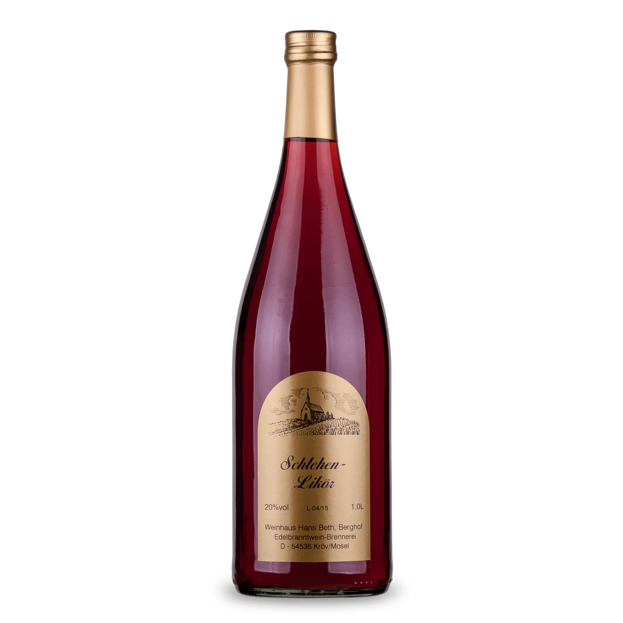 Roter Schlehen-Likör, süß-fruchtiger und tiefroter Wildfrucht-Likör in der Literflasche von Weinhaus Beth aus Kröv an der Mosel