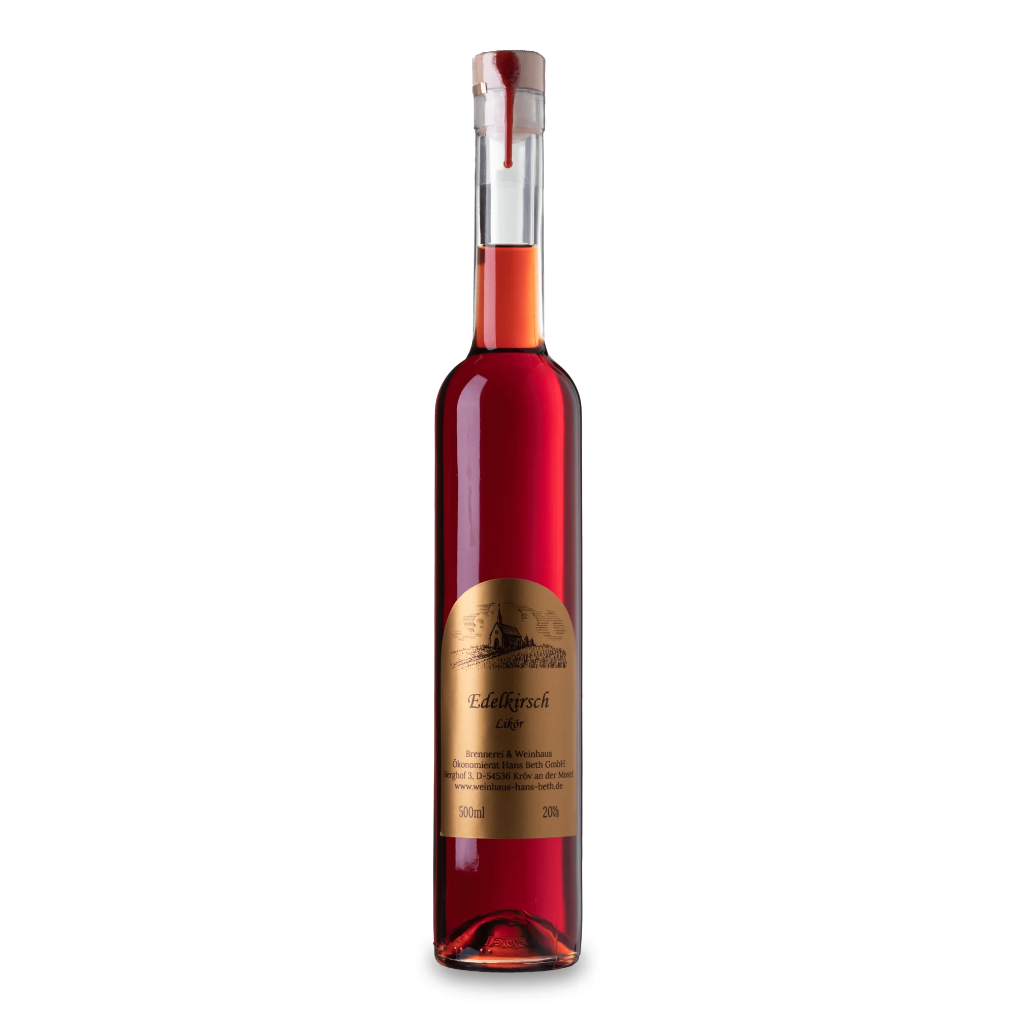 Edelkirsch-Likör, intensiv-fruchtiger und vollmundiger Premium-Kirschlikör vom Weinhaus Beth aus Kröv an der Mosel – Ansicht der 0,5-Liter-Flasche.