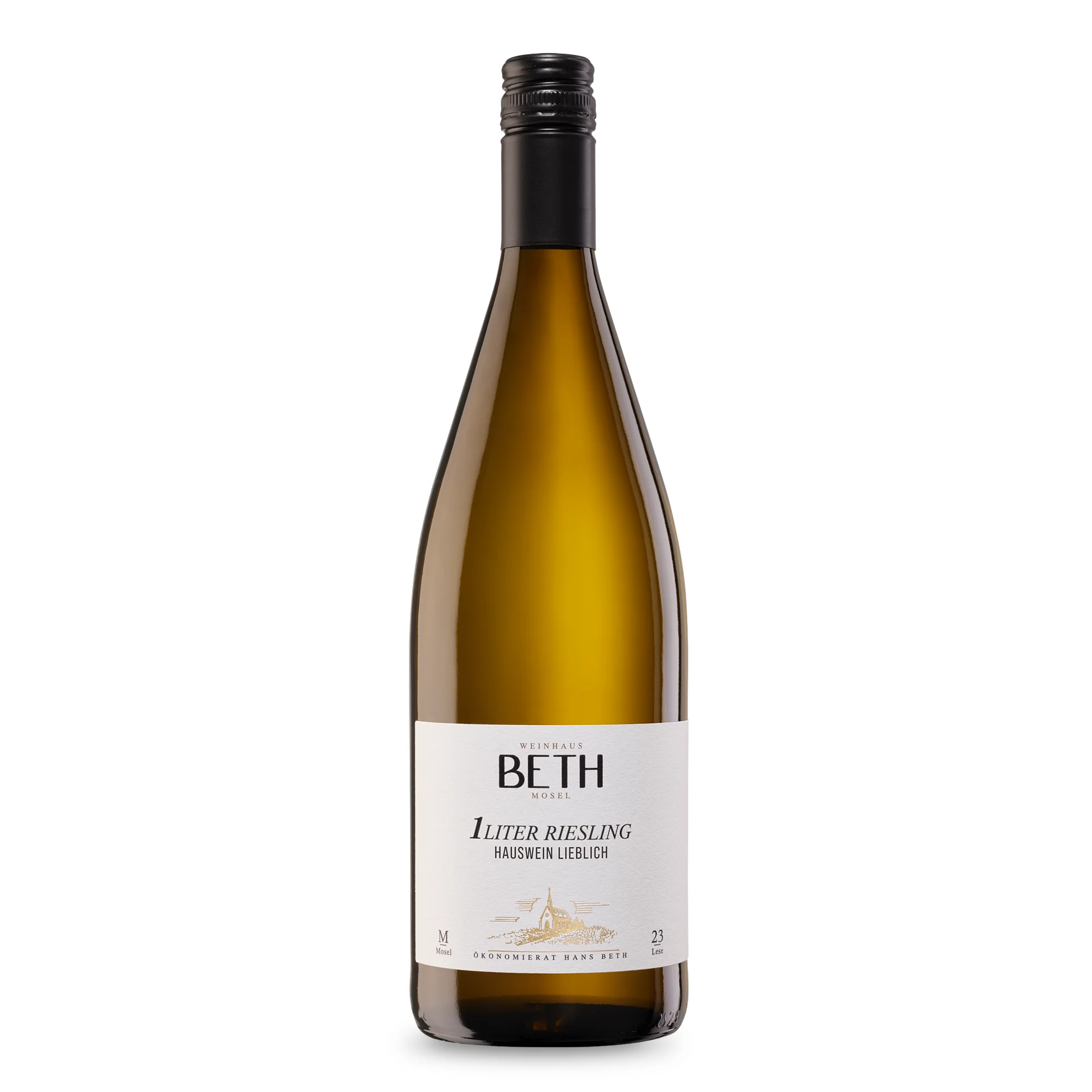 Riesling Hauswein lieblich, fruchtig-süßer und süffiger Weißwein in der 1-Liter-Flasche von Weinhaus Beth aus Kröv an der Mosel