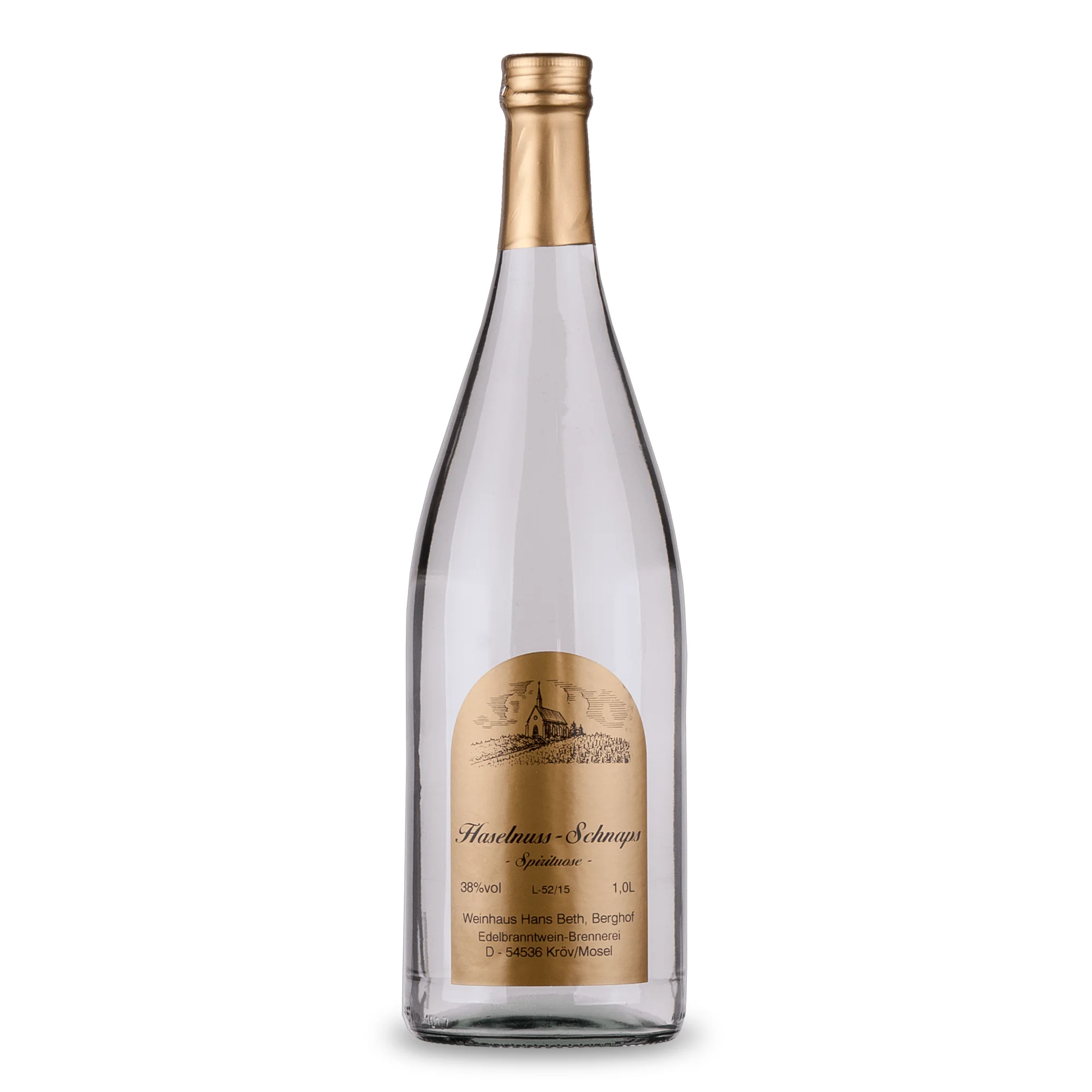 Feine Haselnuss-Spirituose, nussig-weiche und hocharomatische Premium-Spirituose in der Literflasche von Weinhaus Beth aus Kröv an der Mosel