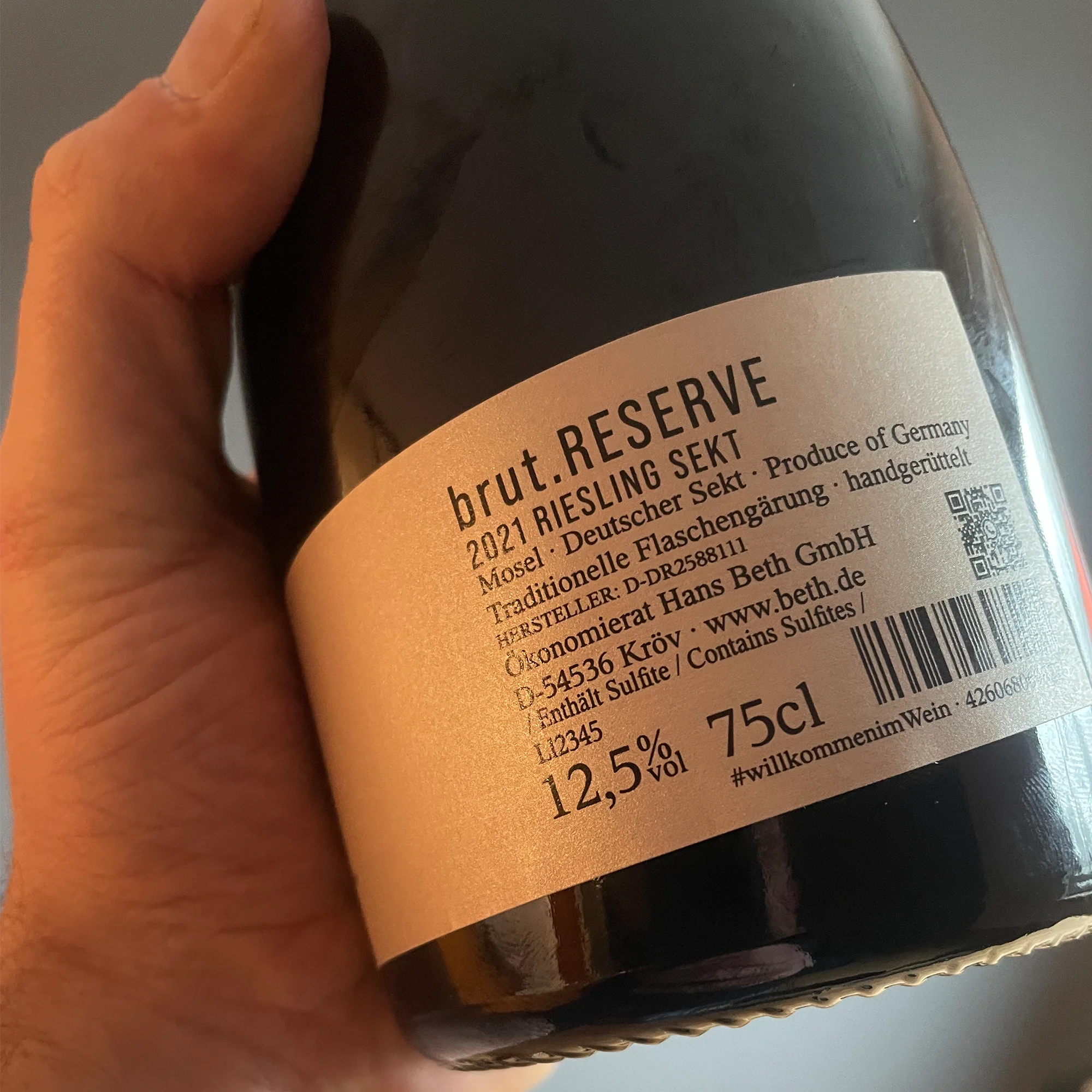 Reserve Riesling Sekt Rückenetikett vom Weinhaus Beth