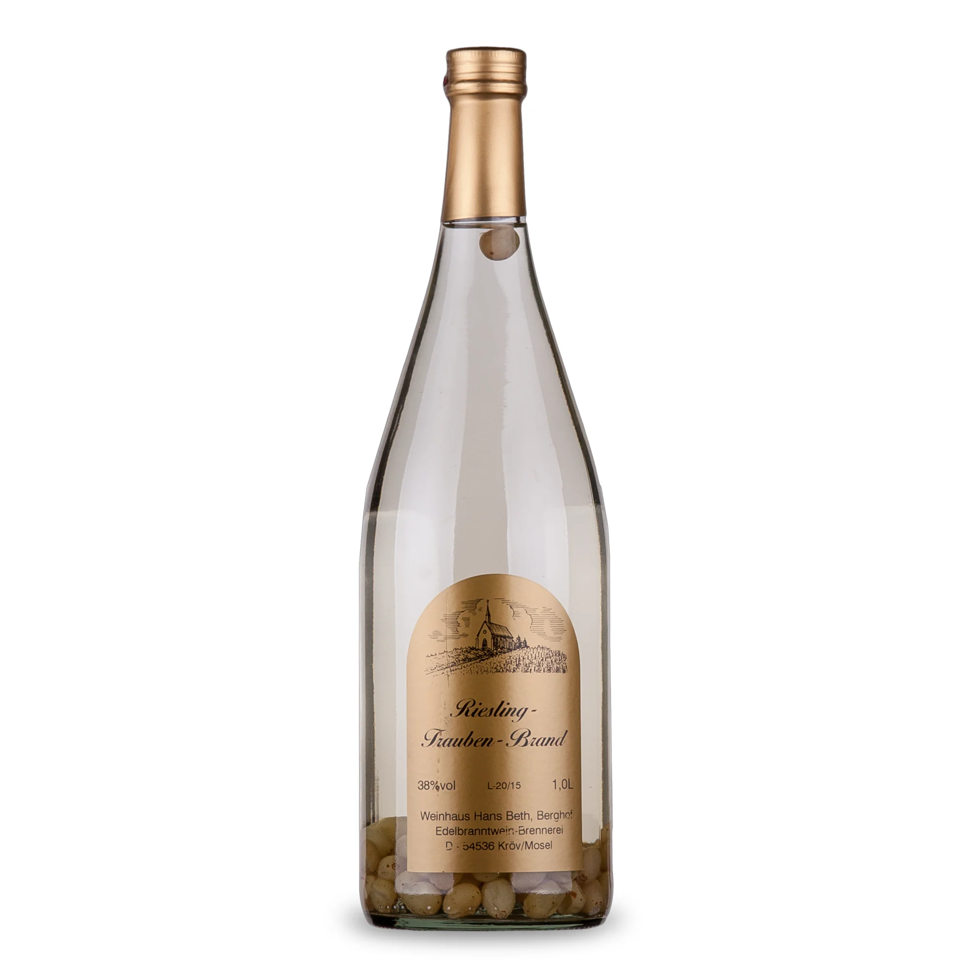 Feine Riesling Traube, fruchtiger und edler Traubenbrand aus ganzen Riesling-Trauben in der Literflasche von Weinhaus Beth aus Kröv an der Mosel