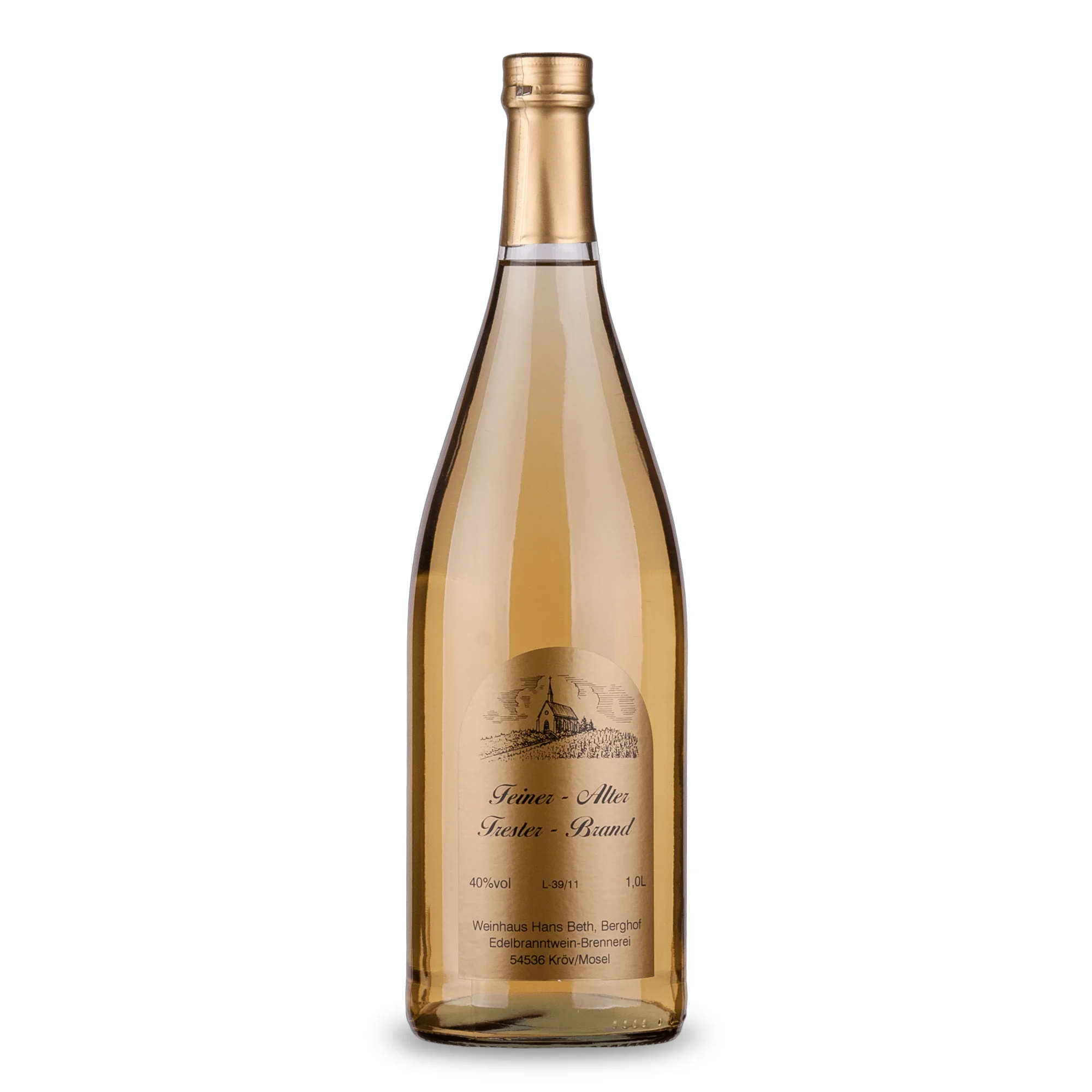 Alter Trester Feinbrand, doppelt gebrannter und traditioneller Tresterbrand in der Literflasche von Weinhaus Beth aus Kröv an der Mosel